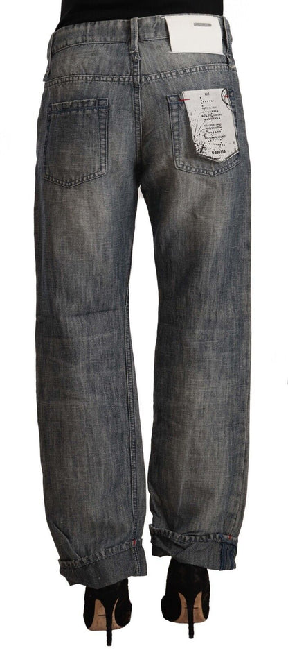 Acht Women's Grey Washed Ramie Straight Denim Folded Hem Jeans