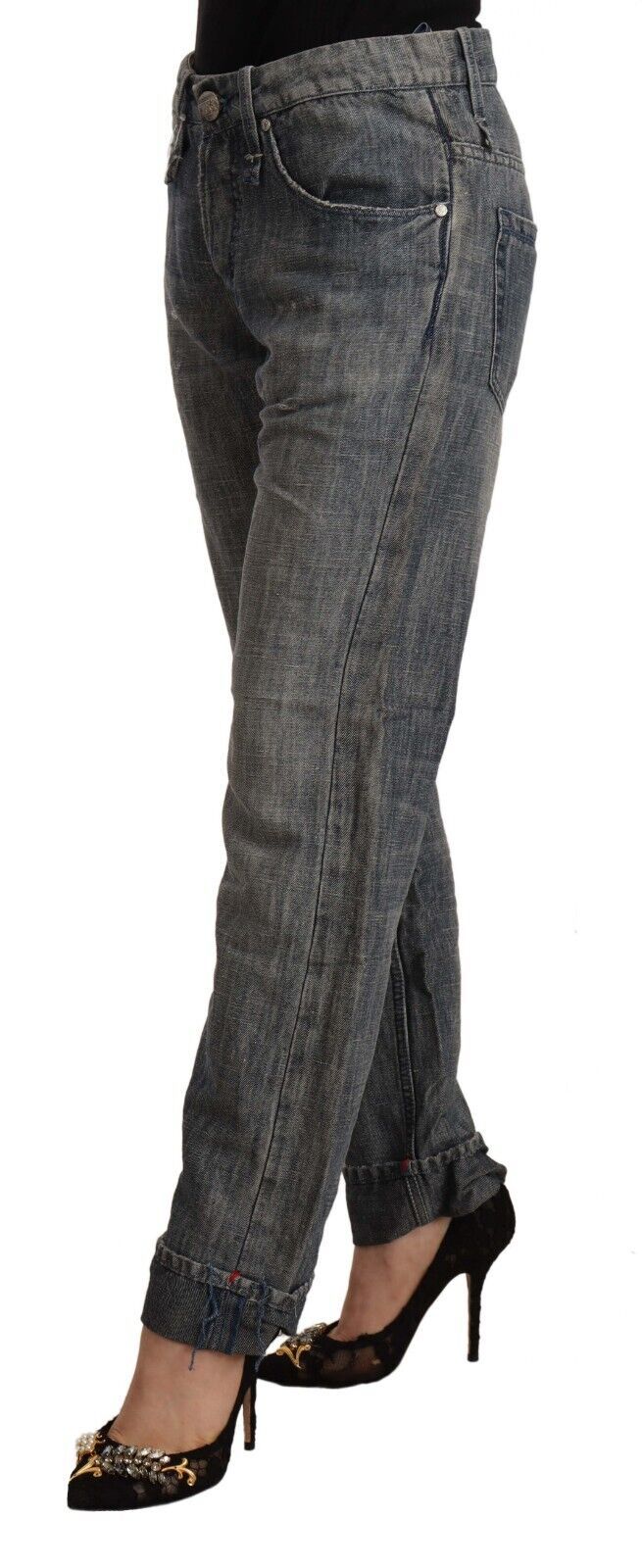 Acht Women's Grey Washed Ramie Straight Denim Folded Hem Jeans