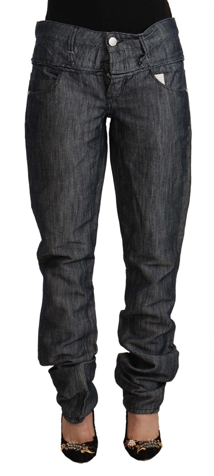Acht Women's Dark Grey Ramie Mid Wide Waist Straight Denim Jeans