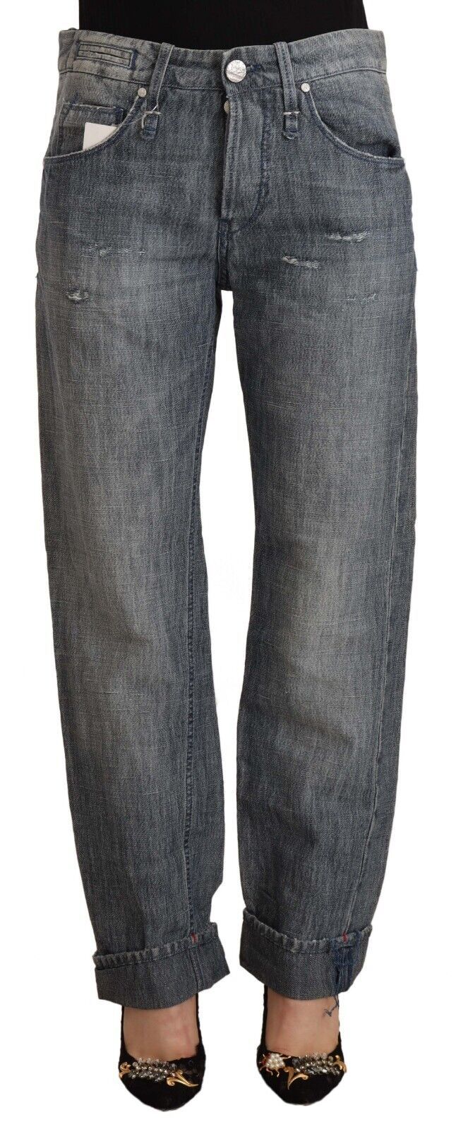 Acht Women's Grey Washed Mid Waist Straight Denim Folded Hem Jeans