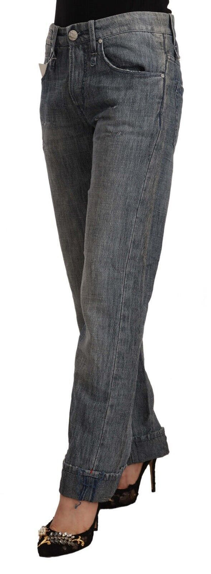 Acht Women's Grey Washed Mid Waist Straight Denim Folded Hem Jeans