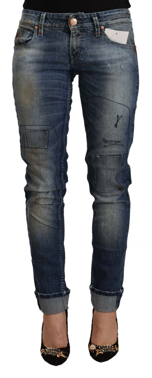 Acht Women's Blue Washed Low Waist Folded Hem Slim Fit Jeans