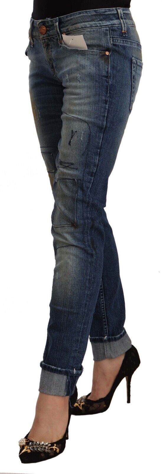 Acht Women's Blue Washed Low Waist Folded Hem Slim Fit Jeans