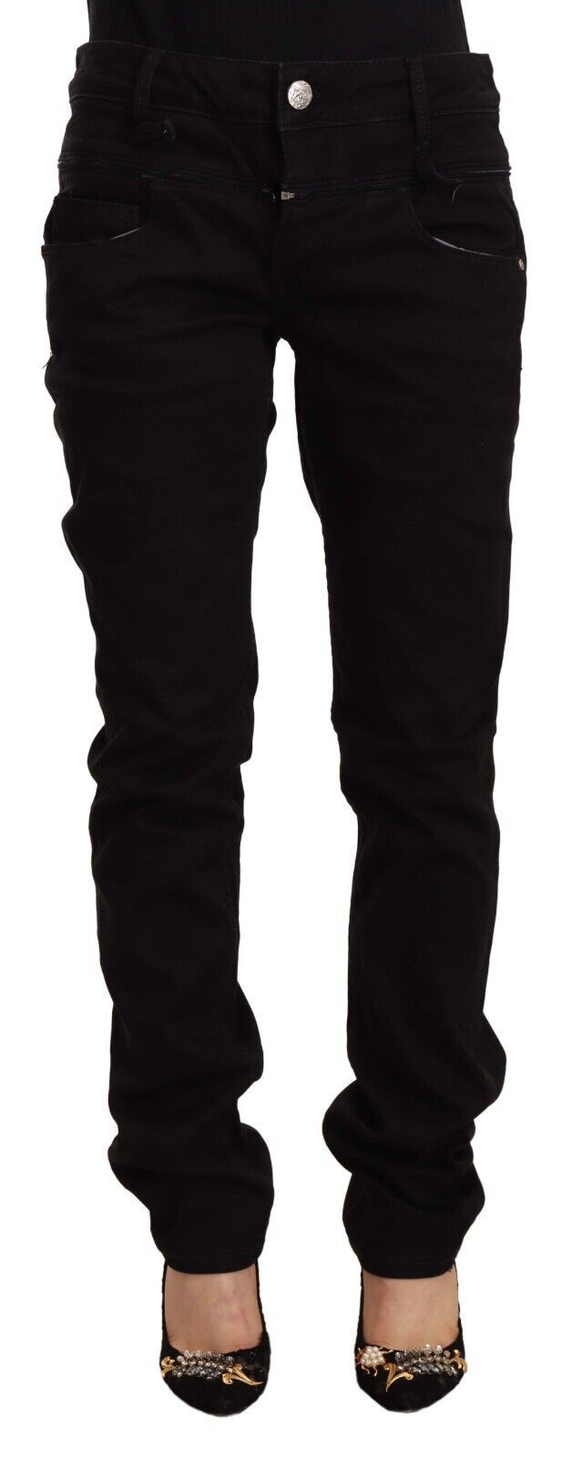 Acht Women's Black Low Waist Cotton Stretch Denim Skinny Jeans