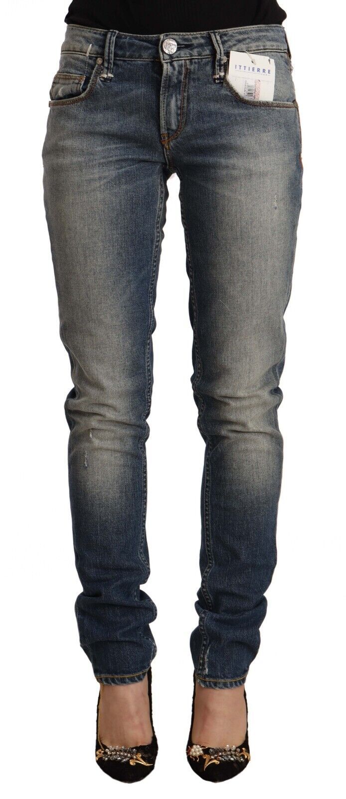 Acht Women's Blue Washed Cotton Mid Waist Skinny Denim Jeans