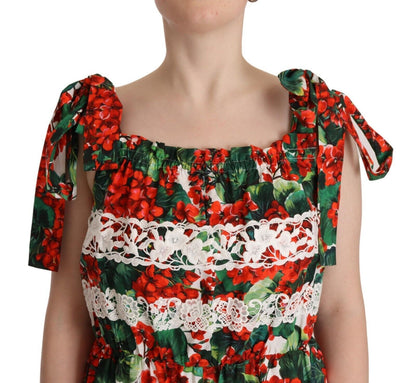 Dolce & Gabbana Multicolour Geranium Print Lace Long Maxi Dress