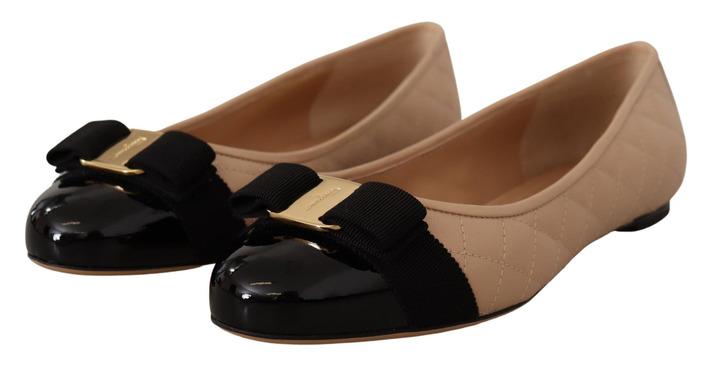 Ballet Flat Shoes by Salvatore Ferragamo for women in nappa & patent leather beige & black presents a impeccable silhouette as Women's Nappa & Patent Leather Ballet Flat Shoes, artfully designed with a and a impeccable for a refined, upscale finish.