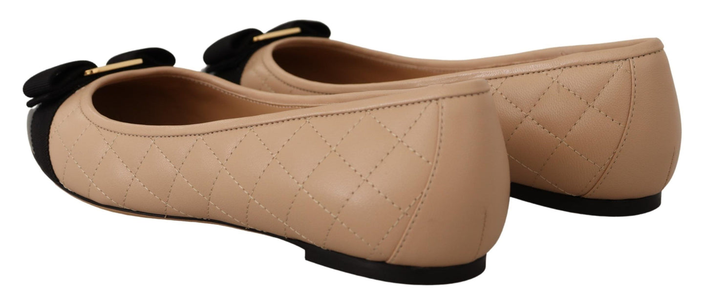 Ballet Flat Shoes by Salvatore Ferragamo for women in nappa & patent leather beige & black features an statuesque silhouette from the Women's Nappa & Patent Leather Ballet Flat Shoes collection, showcasing a and a statuesque for a statuesque look.