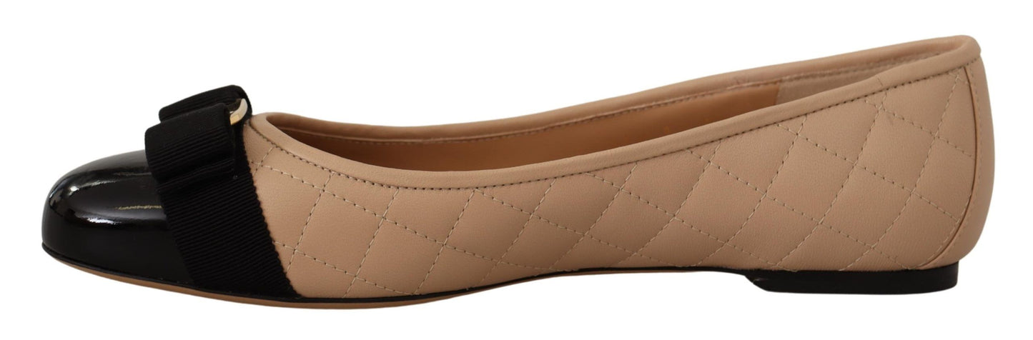 Ballet Flat Shoes by Salvatore Ferragamo for women in nappa & patent leather beige & black showcases a enchanting silhouette as part of the Women's Nappa & Patent Leather Ballet Flat Shoes collection, defined by a enchanting and for a enchanting look.