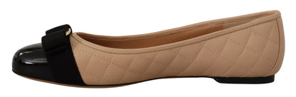 Ballet Flat Shoes by Salvatore Ferragamo for women in nappa & patent leather beige & black showcases a enchanting silhouette as part of the Women's Nappa & Patent Leather Ballet Flat Shoes collection, defined by a enchanting and for a enchanting look.