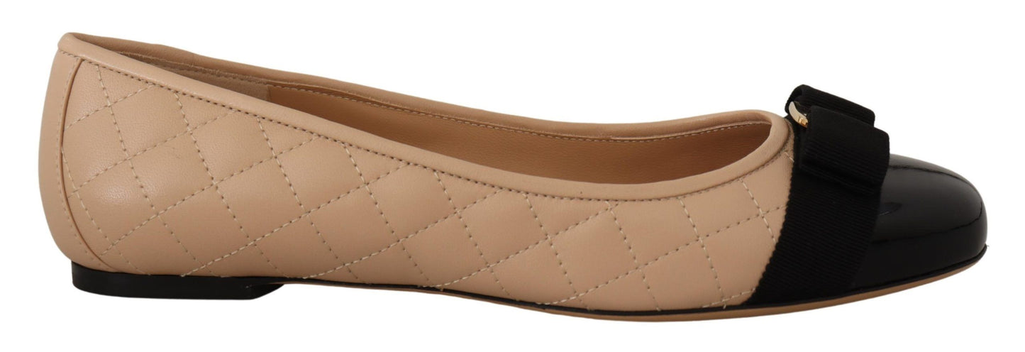Ballet Flat Shoes by Salvatore Ferragamo for women in nappa & patent leather beige & black showcases a dynamic silhouette, artfully capturing Women's Nappa & Patent Leather Ballet Flat Shoes through its distinctive and elegant .