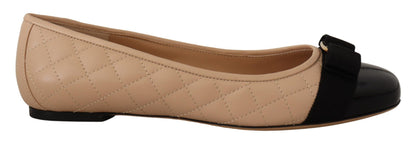 Ballet Flat Shoes by Salvatore Ferragamo for women in nappa & patent leather beige & black showcases a dynamic silhouette, artfully capturing Women's Nappa & Patent Leather Ballet Flat Shoes through its distinctive and elegant .