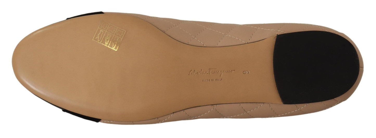 Ballet Flat Shoes by Salvatore Ferragamo for women in nappa & patent leather beige & black showcases a resplendent Women's Nappa & Patent Leather Ballet Flat Shoes aesthetic with a and .