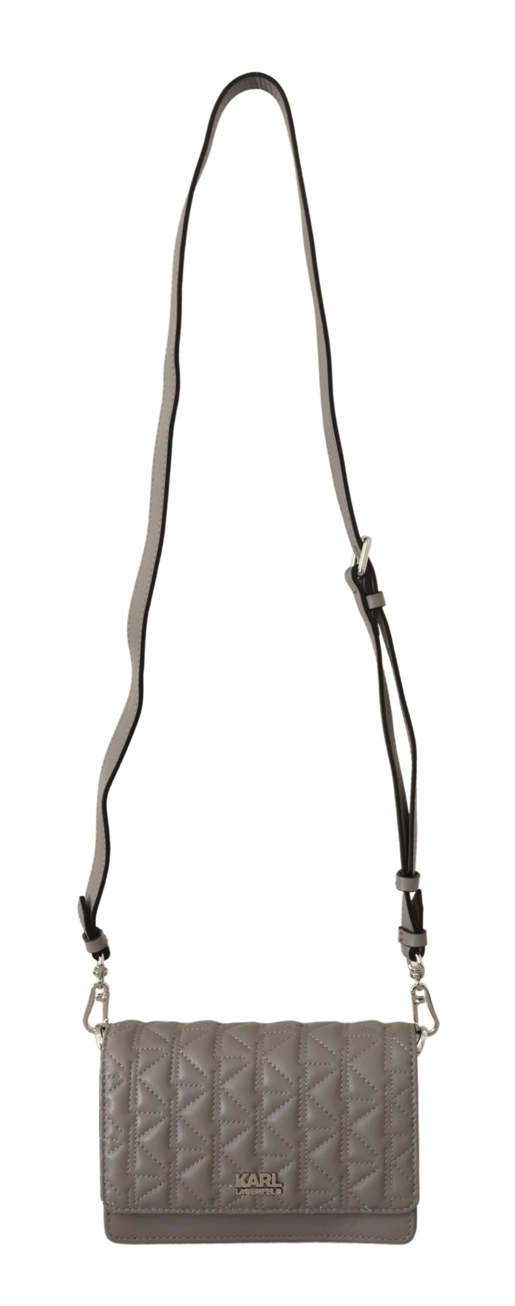 Travel Crossbody Flap Convertible Handbag by Karl Lagerfeld for women in leather gray, light-grey & silver features an exquisite silhouette, showcasing a secure snap, flap & zipper, ample built-in-compartments, and exquisite crossbody-strap, shoulder-strap & adjustable-strap for a sophisticated finish.