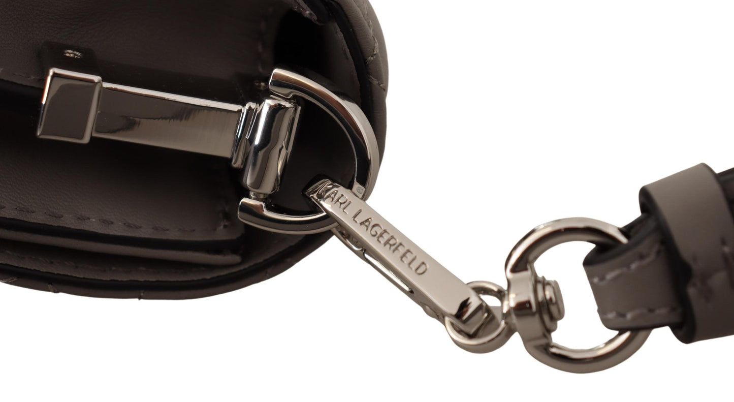 Travel Crossbody Flap Convertible Handbag by Karl Lagerfeld for women in leather gray, light-grey & silver features a refined silhouette, showcasing a secure snap, flap & zipper and refined built-in-compartments with versatile crossbody-strap, shoulder-strap & adjustable-strap for a refined finish.