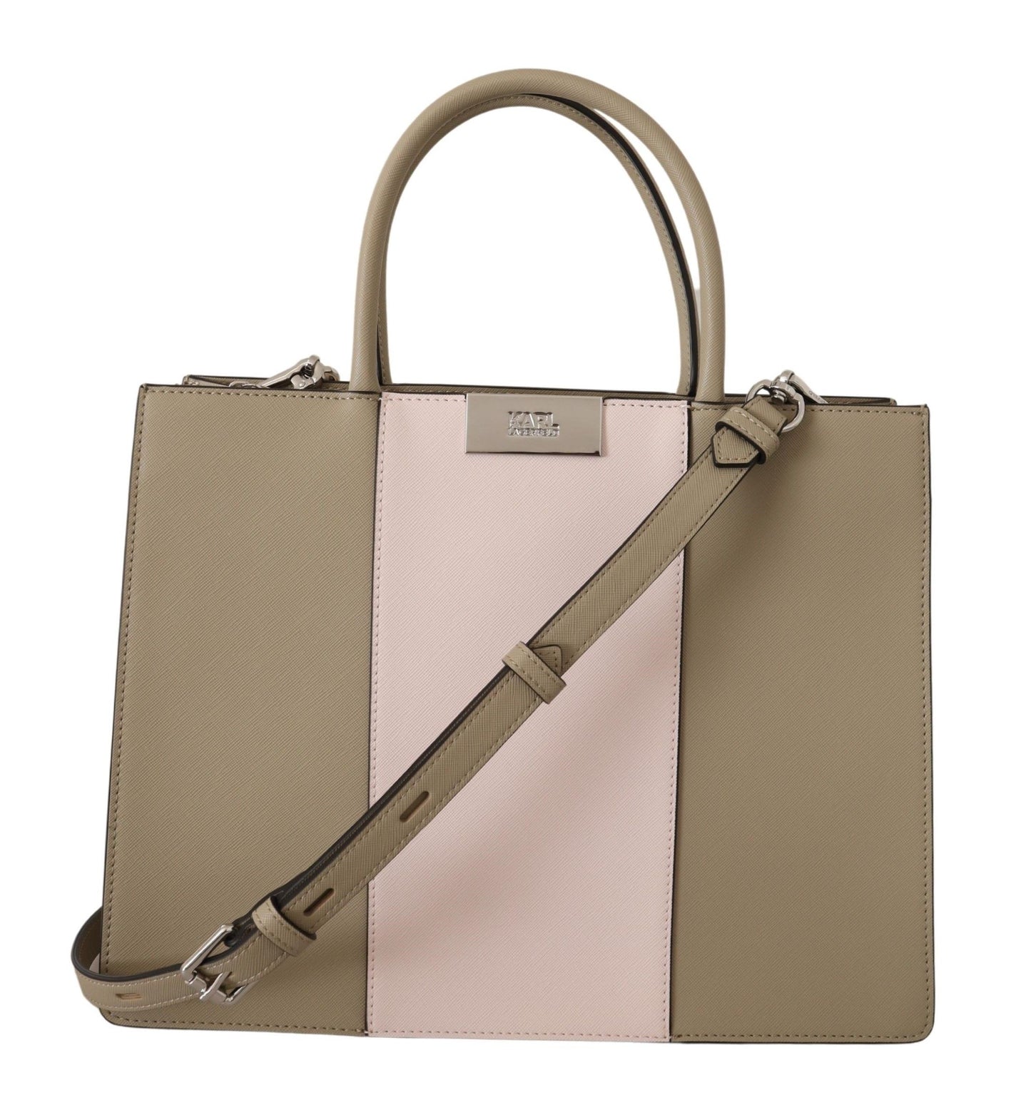 2-in-1 Shoulder & Crossbody Travel Tote Convertible Handbag by Karl Lagerfeld for women in polyurethane green & silver features a refined silhouette, showcasing a secure zipper and refined built-in-compartments with versatile crossbody-strap, shoulder-strap & adjustable-strap for a refined finish.