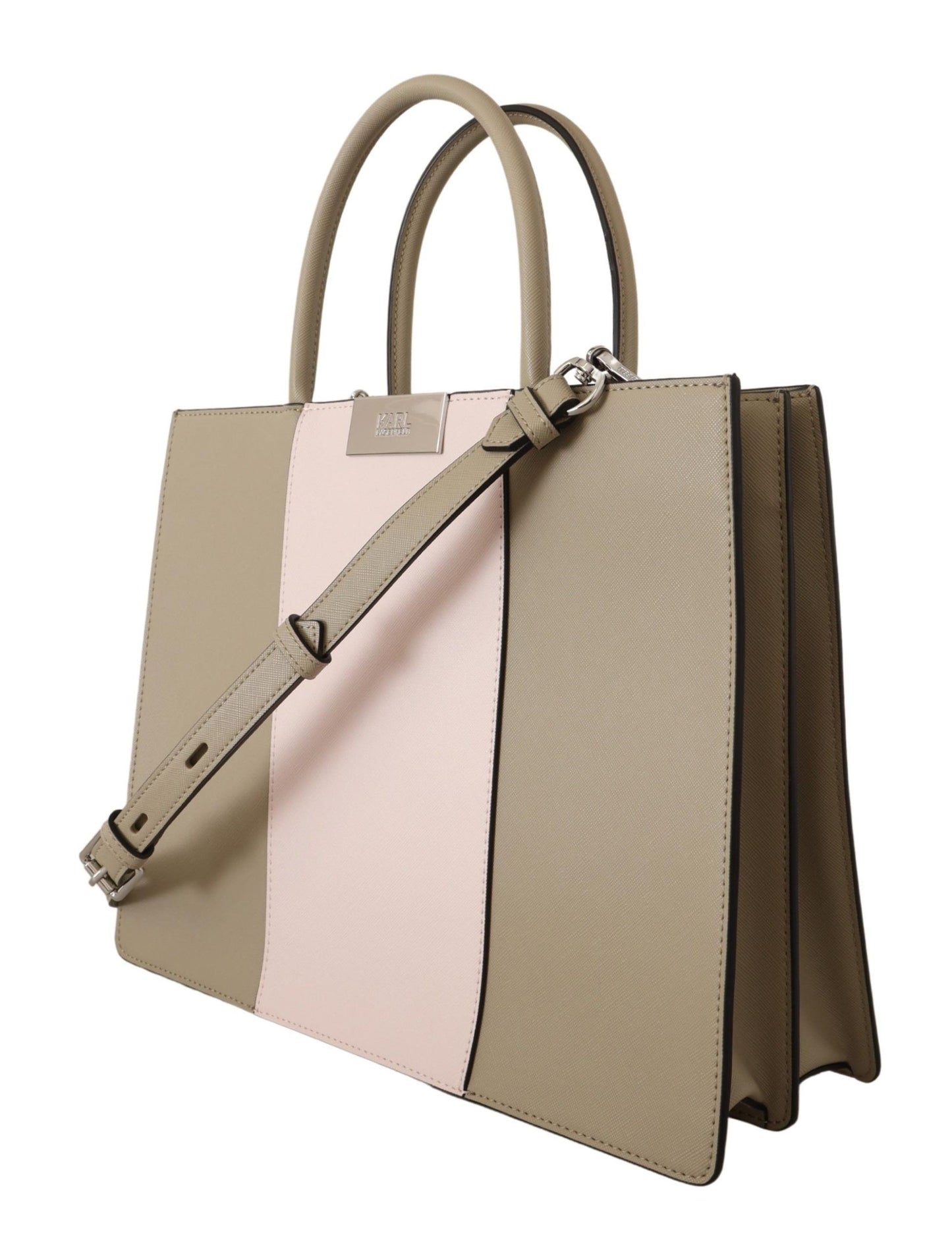 2-in-1 Shoulder & Crossbody Travel Tote Convertible Handbag by Karl Lagerfeld for women in polyurethane green & silver presents a exquisite silhouette, showcasing a secure zipper and organized built-in-compartments with versatile crossbody-strap, shoulder-strap & adjustable-strap.