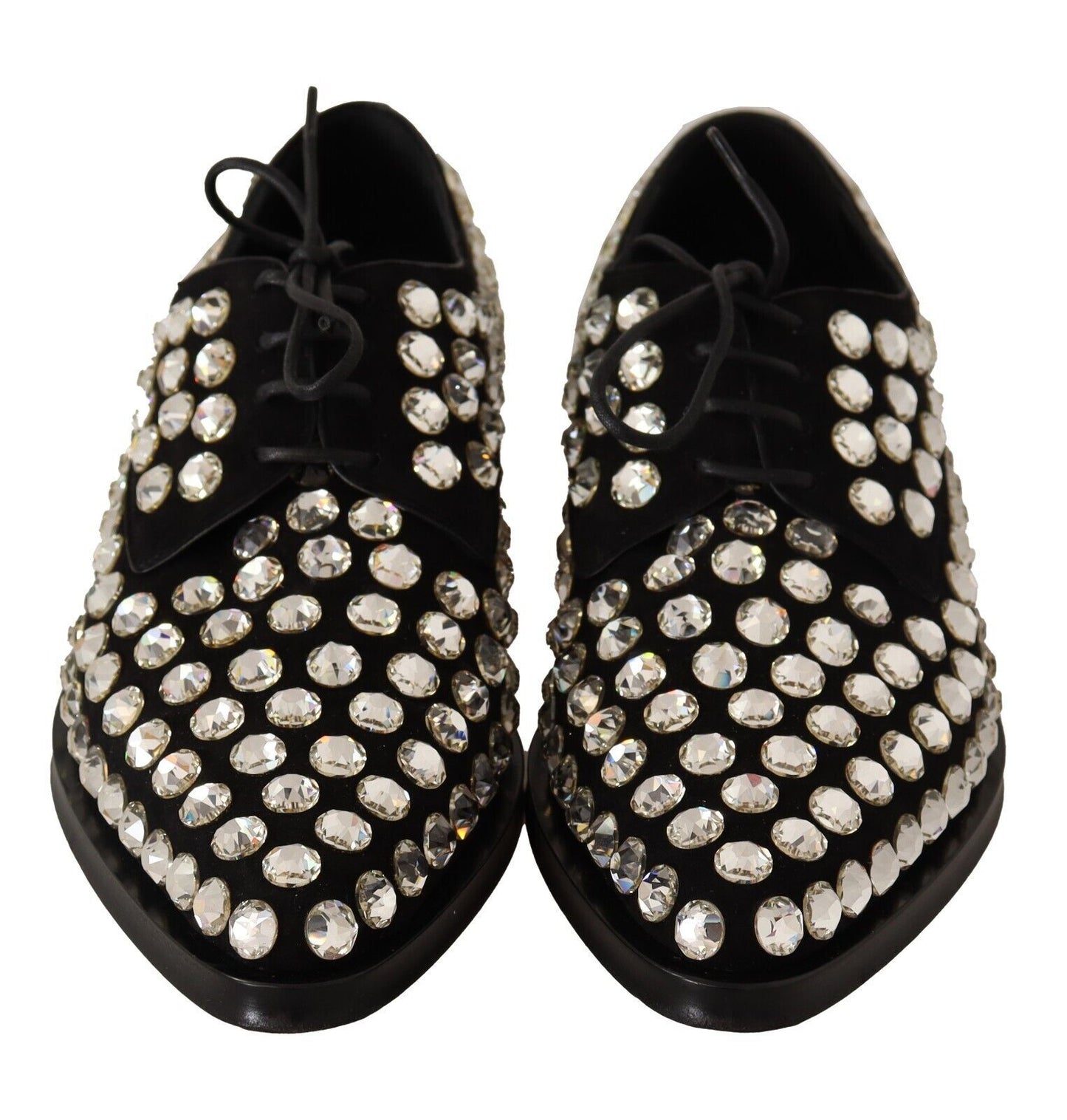 D&G Black Leather Crystals Lace Up Formal Shoes