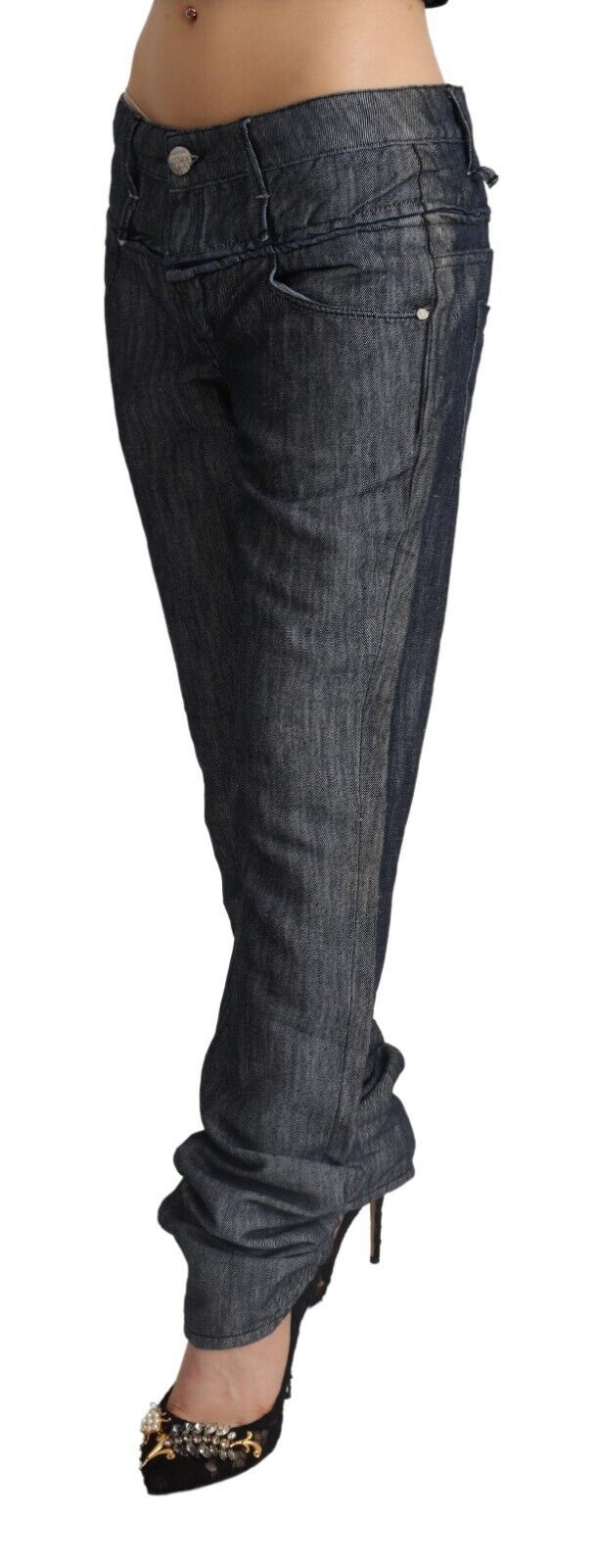 Dark Grey Ramie Mid Wide Waist Straight Denim Jeans