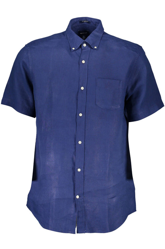 Shirt by Gant for men in linen blue features an architectural silhouette with a refined short-sleeve and elegant button-down-collar neckline for a architectural look.