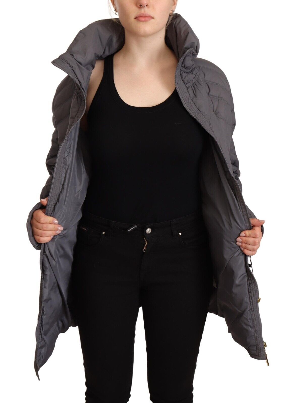 Roccobaroccco Ladies' Grey Quilted Long Sleeves Logo Patch Full Zip Jacket