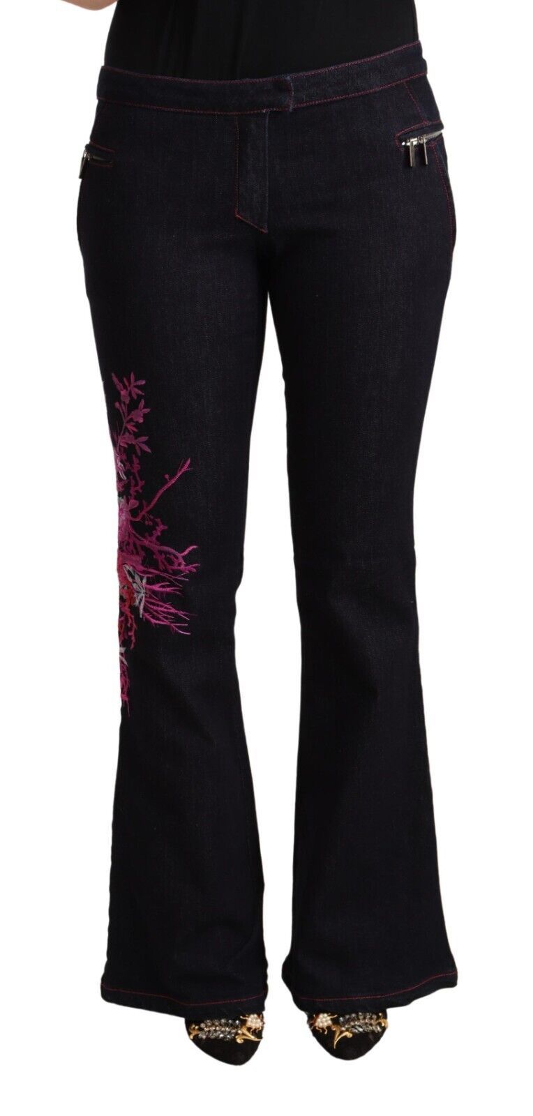 Exte Women's Black Cotton Mid Waist Cotton Flared Jeans