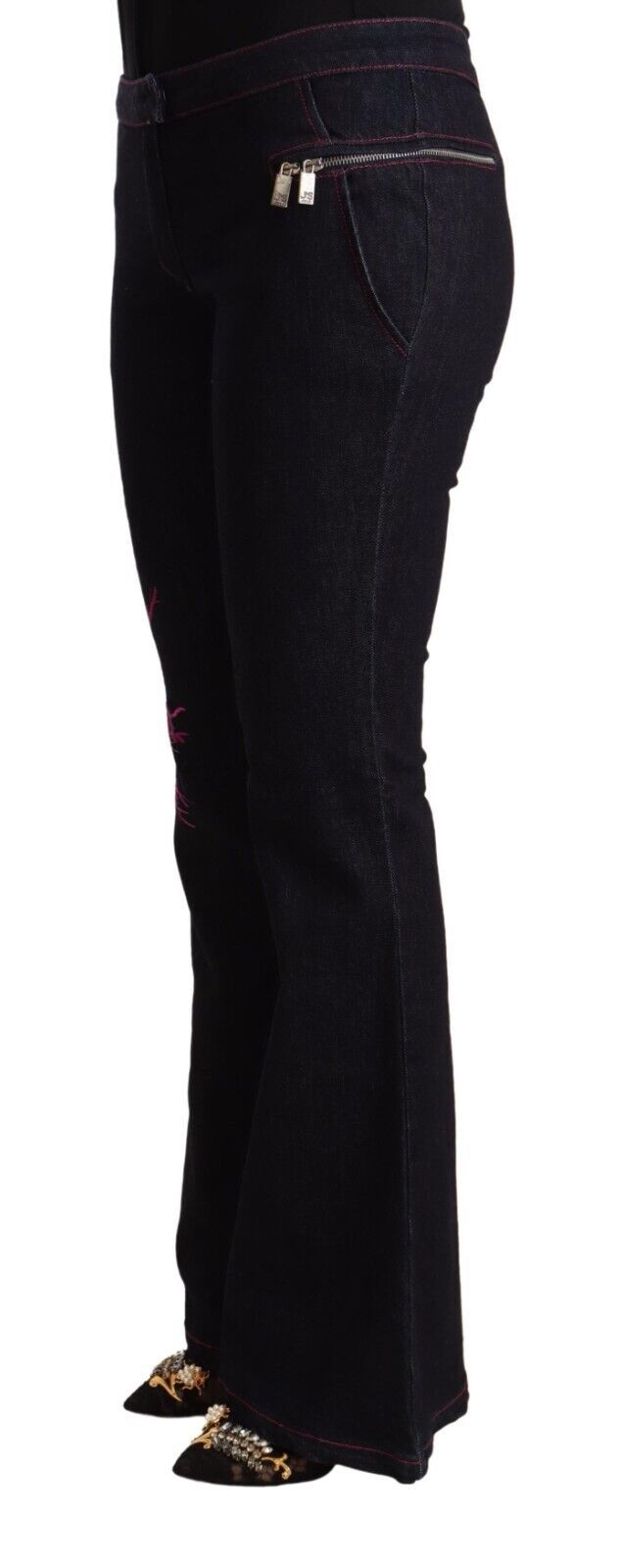 Exte Women's Black Cotton Mid Waist Cotton Flared Jeans