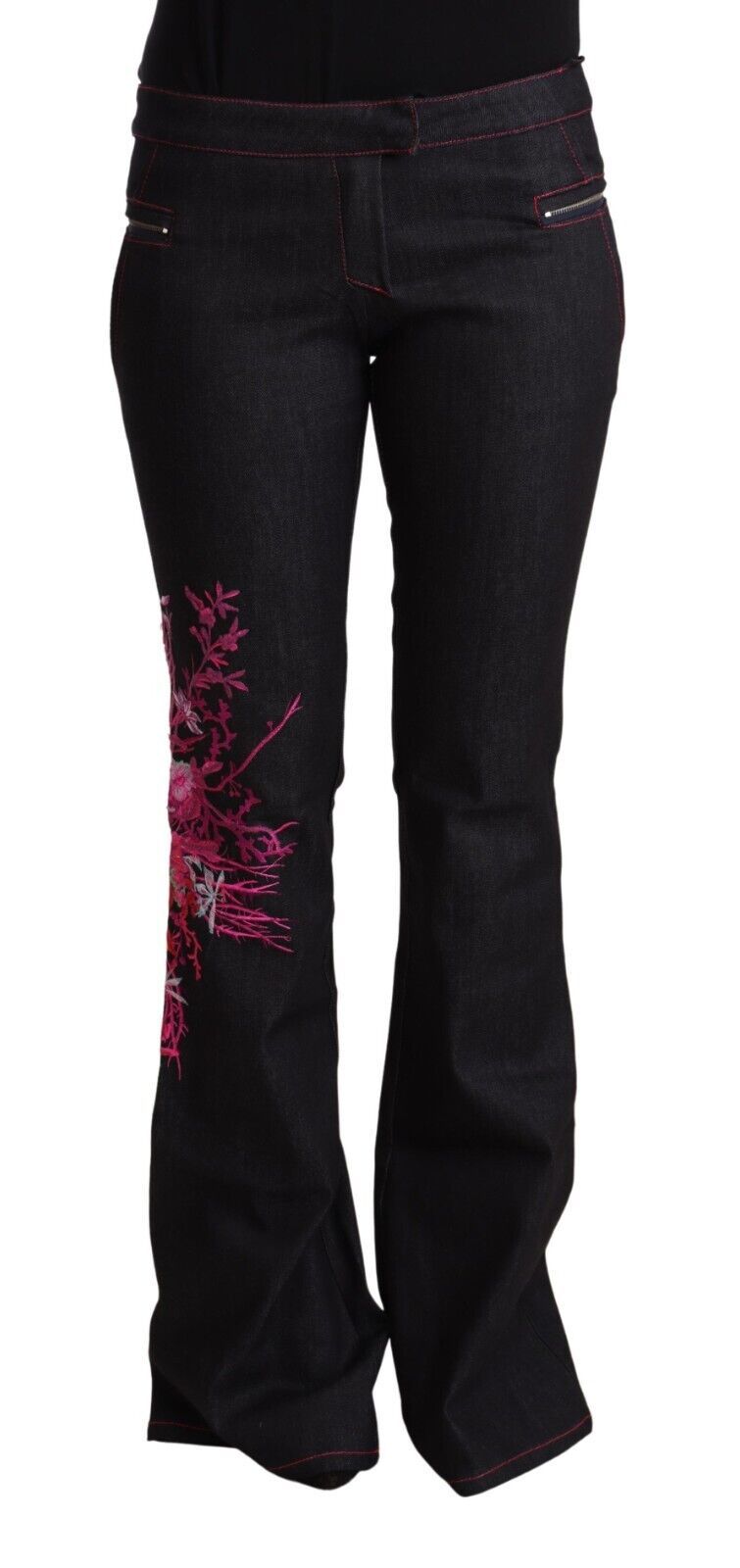 Exte Women's Black Cotton Stretch Mid Waist Cotton Flared Denim Jeans