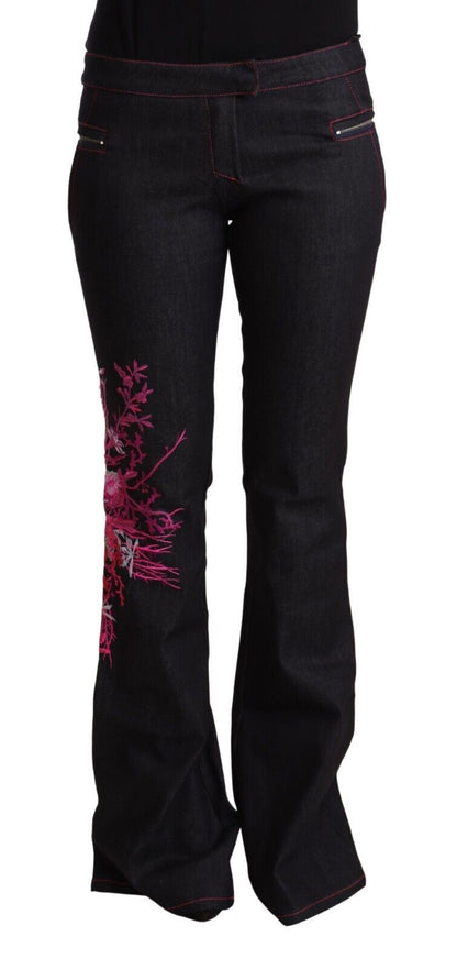 Exte Women's Black Cotton Stretch Mid Waist Cotton Flared Denim Jeans