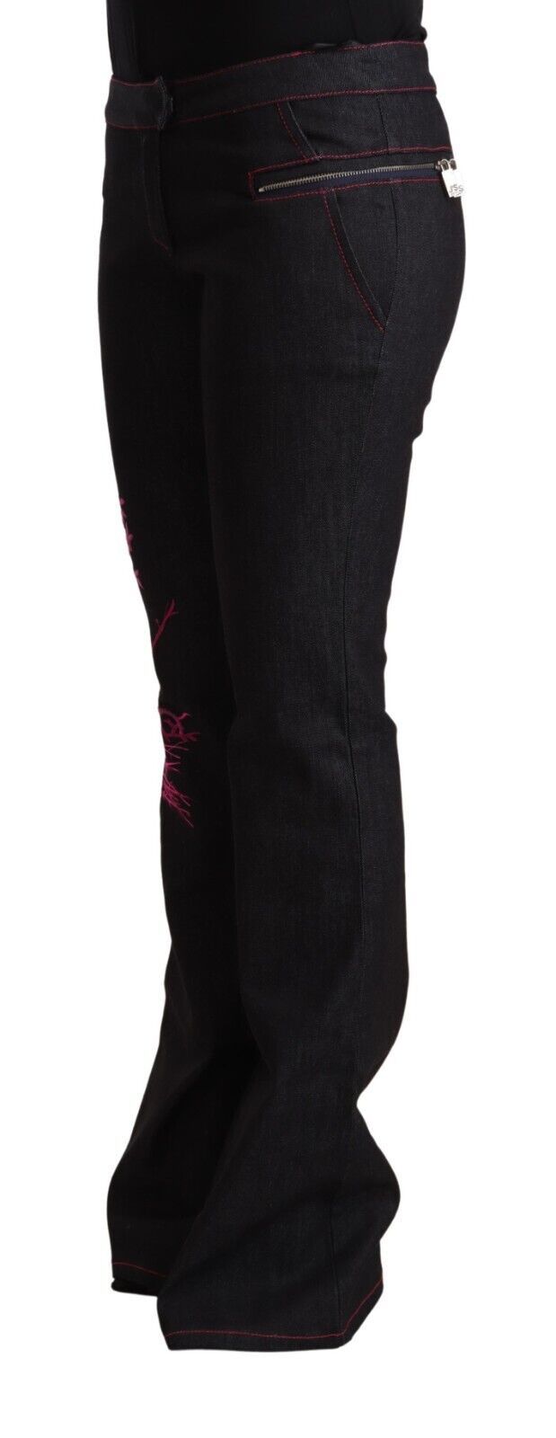 Exte Women's Black Cotton Stretch Mid Waist Cotton Flared Denim Jeans