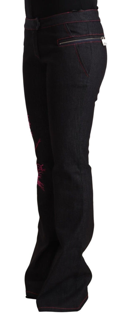 Exte Women's Black Cotton Stretch Mid Waist Cotton Flared Denim Jeans