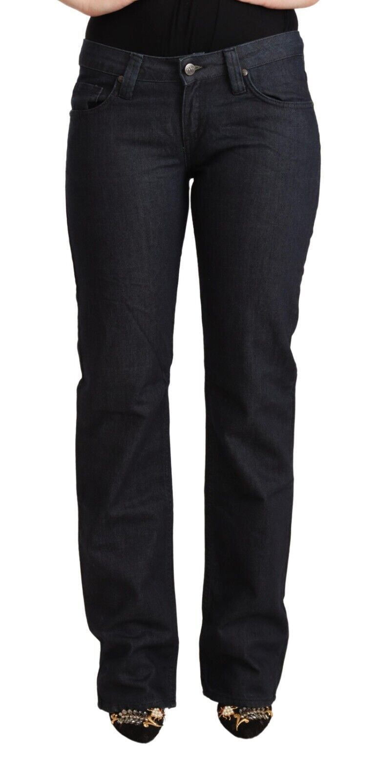 Exte Women's Dark Blue Cotton Stretch Low Waist Straight Denim Jeans