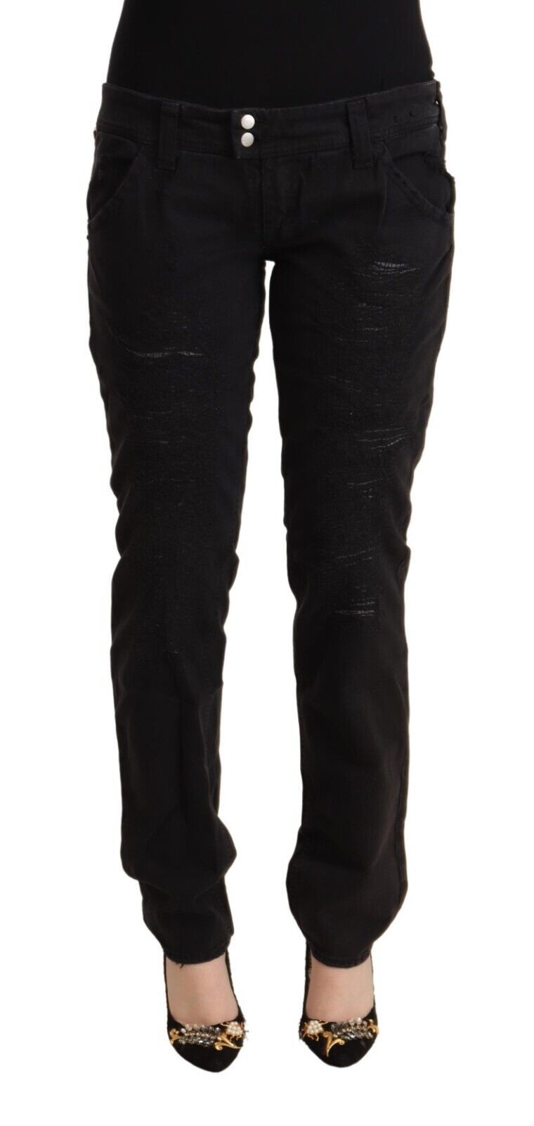 Cycle Women's Black Cotton Distressed Low Waist Slim Fit Denim Jeans