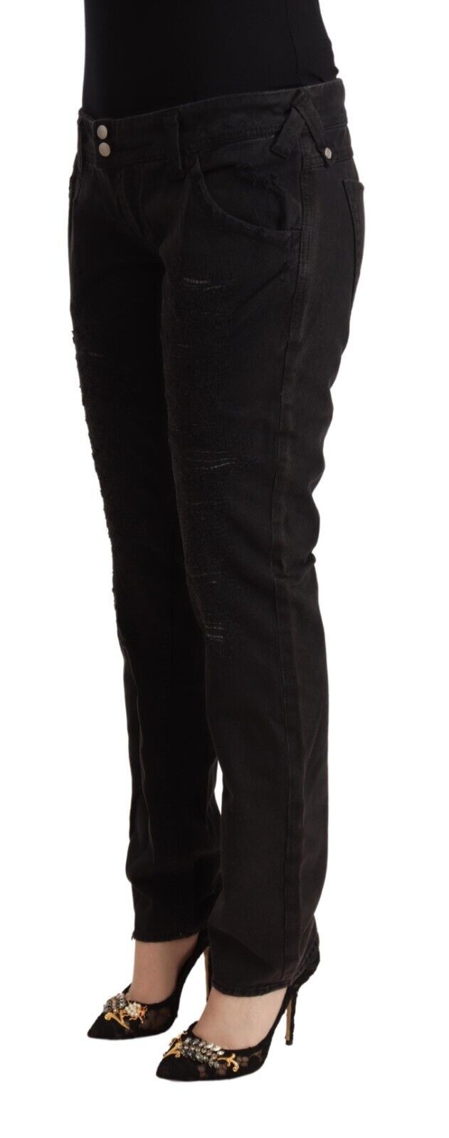 Cycle Women's Black Cotton Distressed Low Waist Slim Fit Denim Jeans