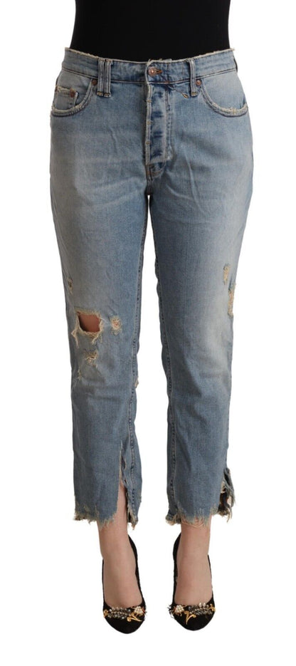 Cycle Women's Light Blue Distressed Mid Waist Cropped Denim Jeans