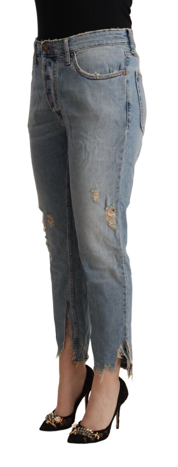 Cycle Women's Light Blue Distressed Mid Waist Cropped Denim Jeans