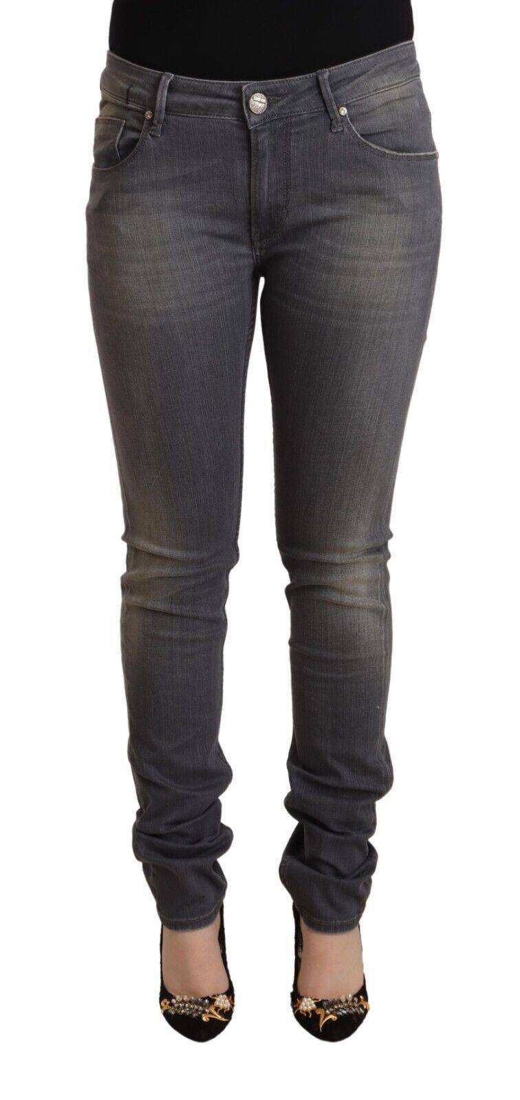 Dark Grey Washed Cotton Denim Skinny Jeans