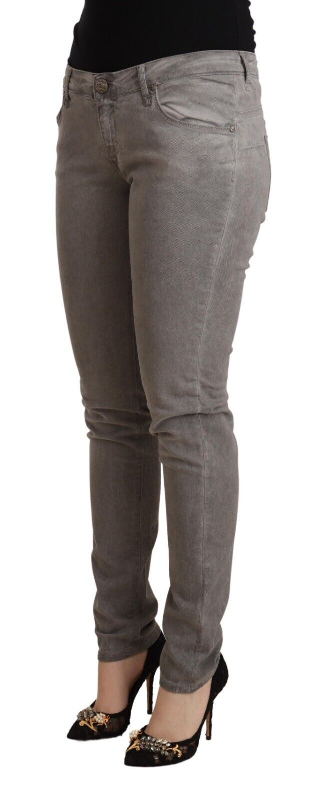Grey Cotton Low Waist Skinny Push Up Denim Jeans