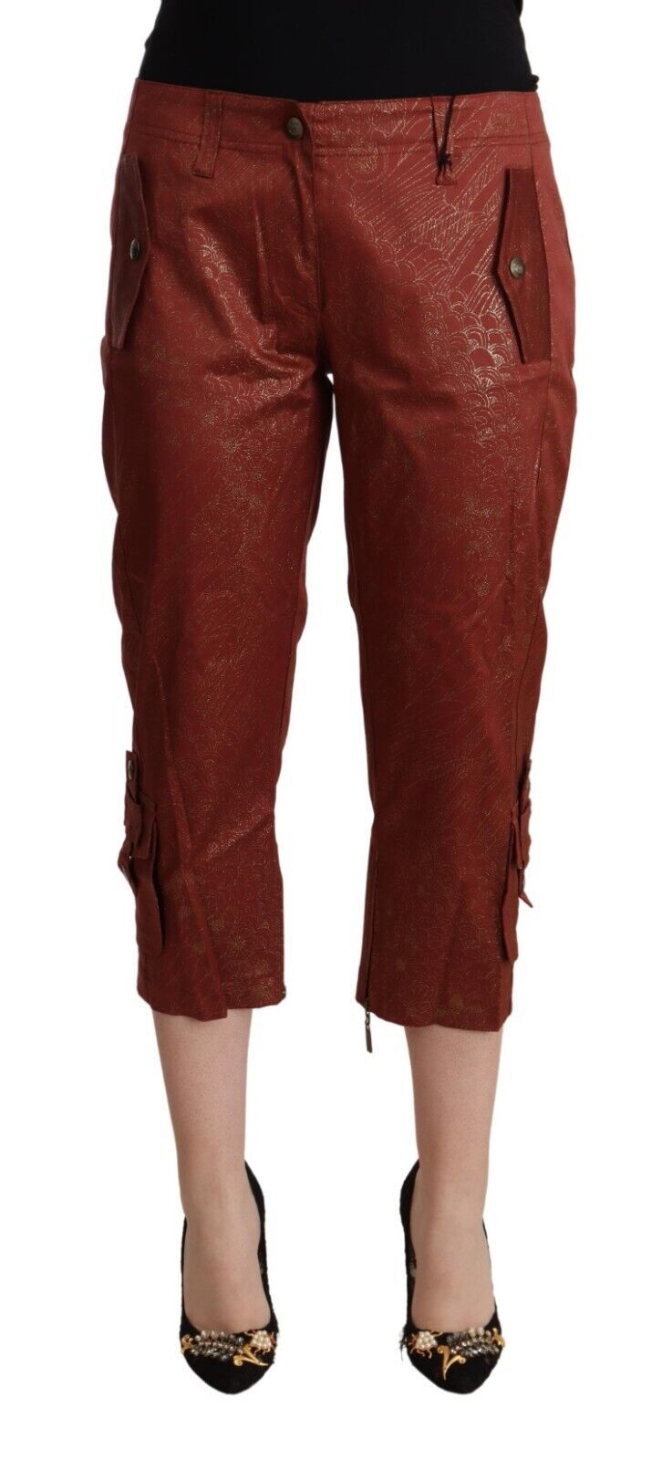 Just Cavalli Women's Brown Lurex Mid Waist Cotton Cropped Capri Pants