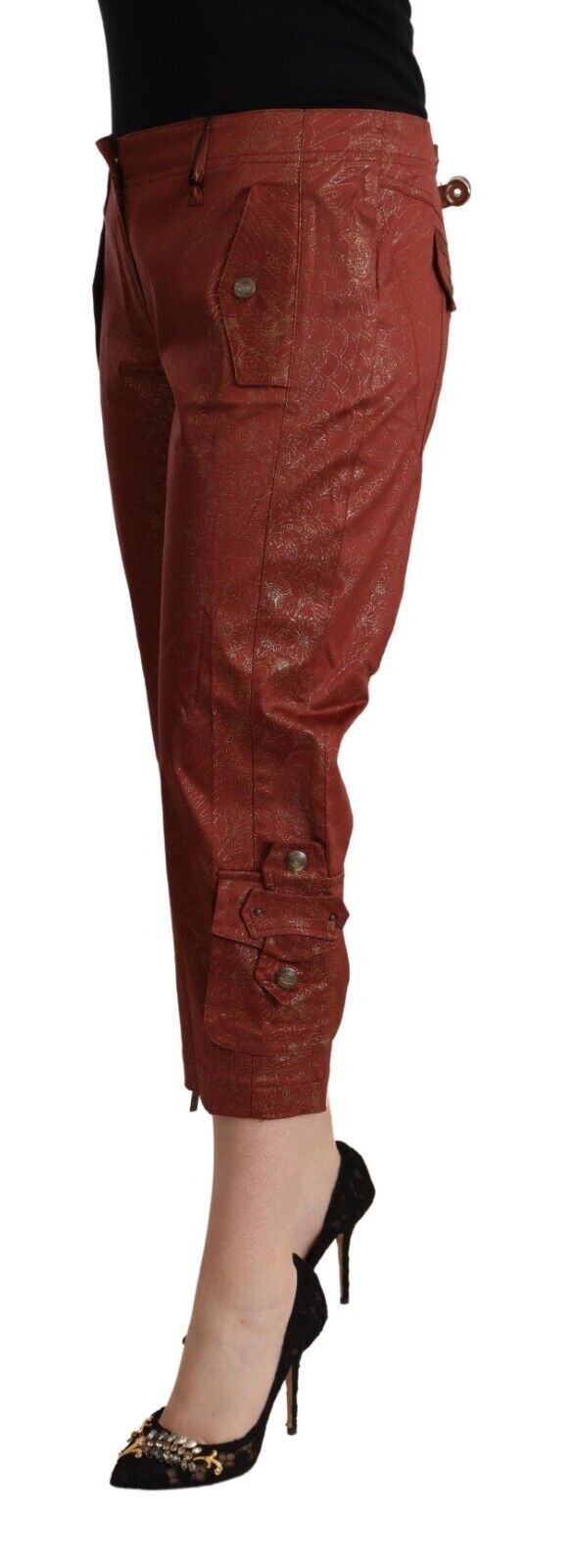 Just Cavalli Women's Brown Lurex Mid Waist Cotton Cropped Capri Pants