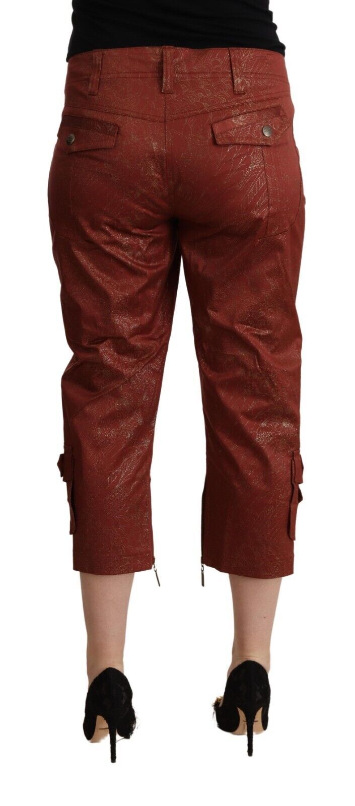 Just Cavalli Women's Brown Lurex Mid Waist Cotton Cropped Capri Pants