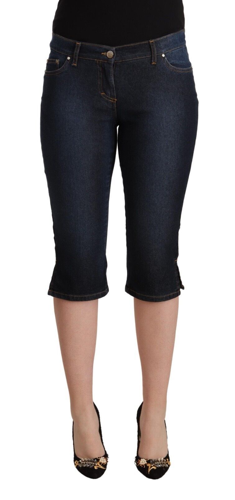 GF Ferre Ladies Blue Cotton Stretch Low Waist Slim Capri Denim Jeans