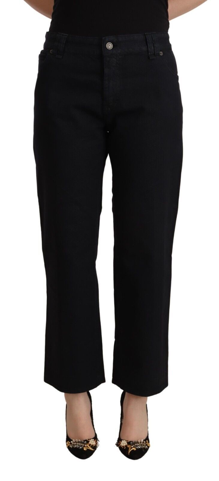 John Galliano Ladies' Black Cotton Flared Cropped High Waist Denim Jeans