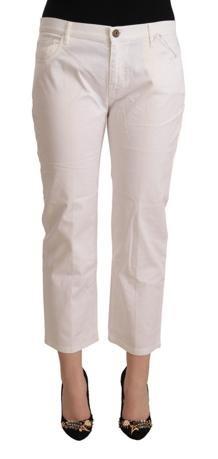 L'Autre Chose Women's White Cotton Mid Waist Cropped Denim Jeans