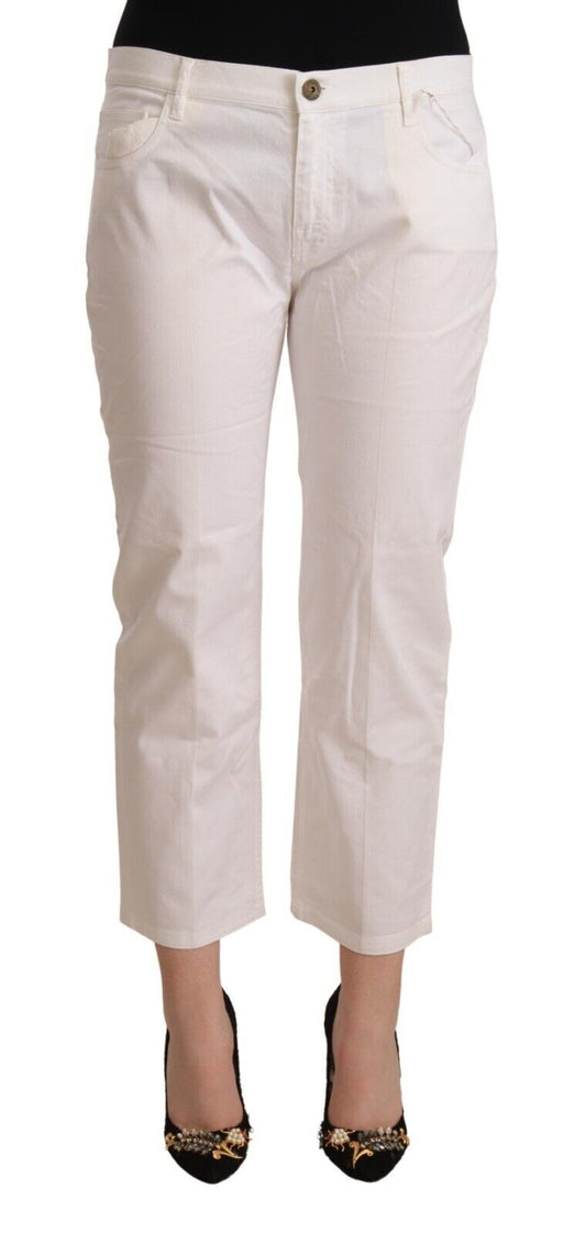 L'Autre Chose Women's White Cotton Mid Waist Cropped Denim Jeans