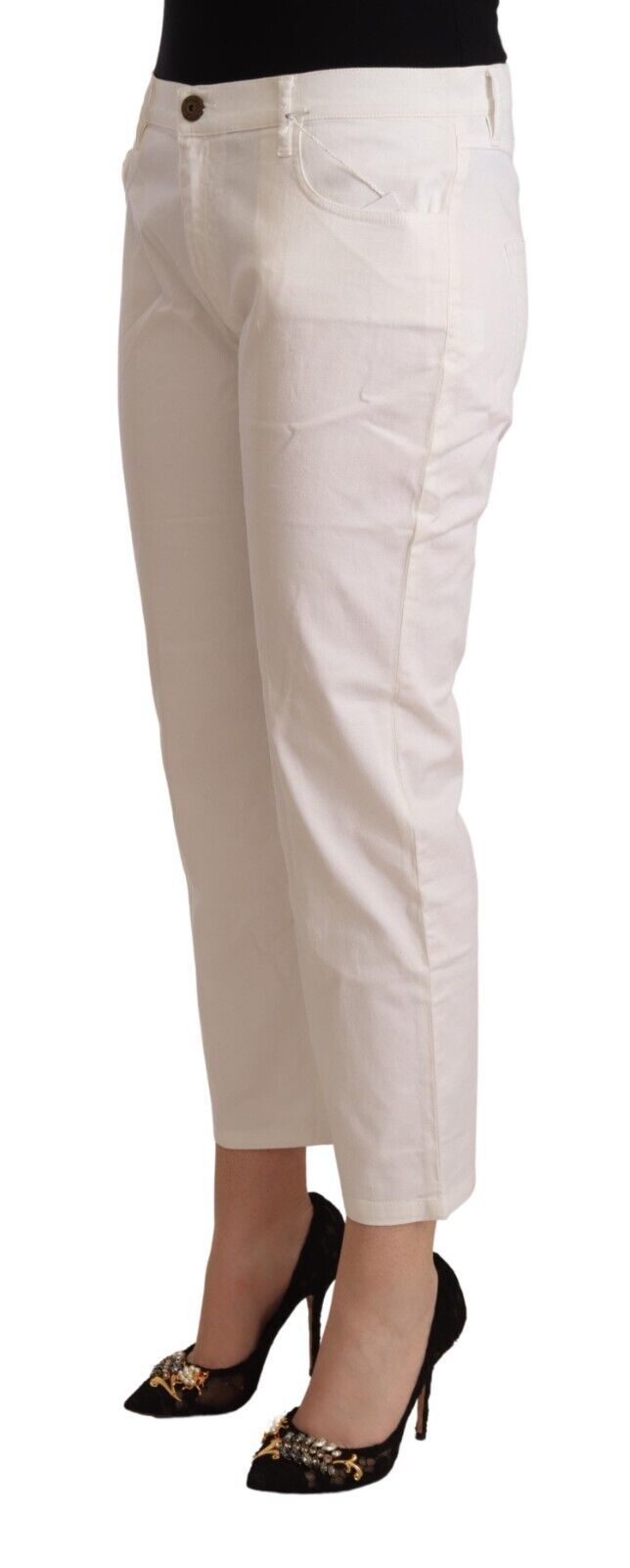 L'Autre Chose Women's White Cotton Mid Waist Cropped Denim Jeans