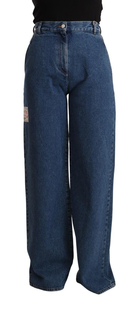GCDS Ladies' Blue Cotton High Waist Wide Leg Boot Cut Denim Jeans