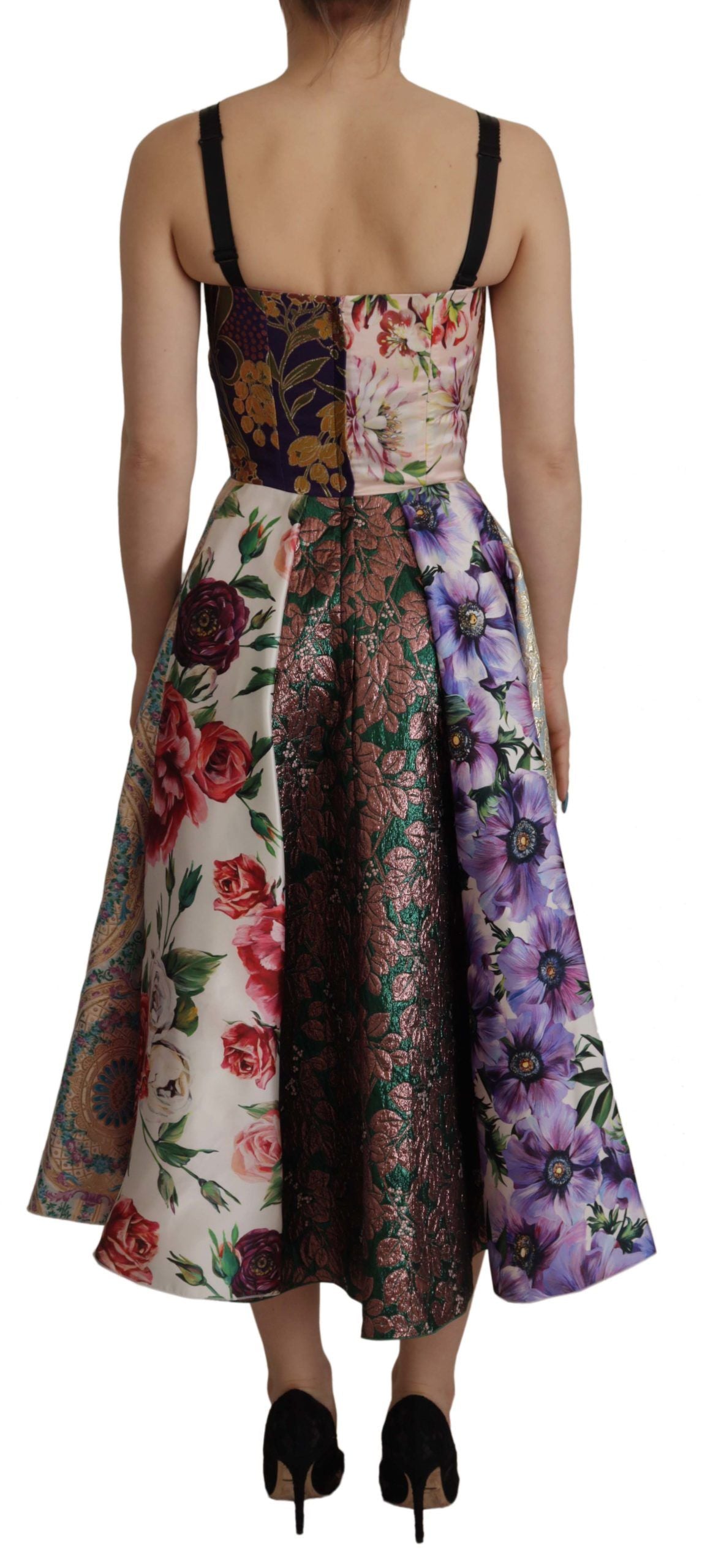 D&G Multicolor Pachwork Print Floral Jaquard Silk Midi  Dress