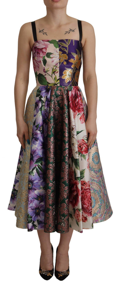 D&G Multicolor Pachwork Print Floral Jaquard Silk Midi  Dress