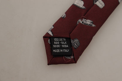 Dolce & Gabbana Maroon Hat Pattern 100% Silk Adjustable Accessory Tie